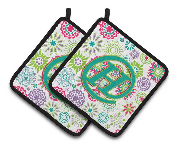 CJ2011-HPTHD Letter H Flowers Pink Teal Green Initial Pair of Pot Holders, 7.5 x 3 x 7.5 in.