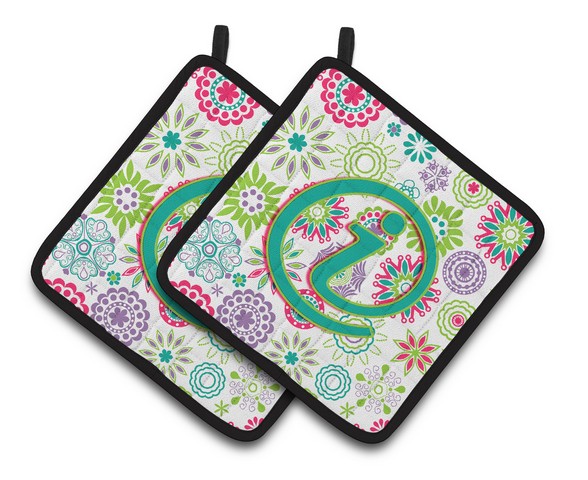 CJ2011-IPTHD Letter I Flowers Pink Teal Green Initial Pair of Pot Holders, 7.5 x 3 x 7.5 in.