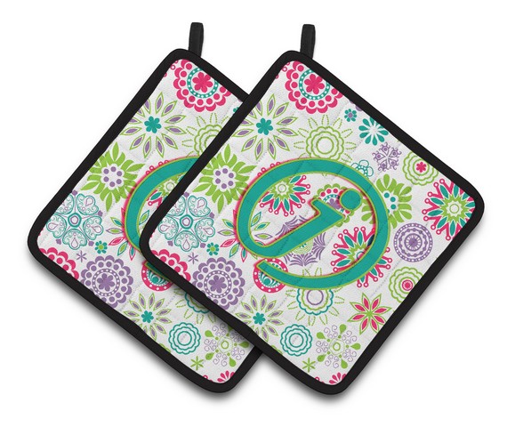 CJ2011-JPTHD Letter J Flowers Pink Teal Green Initial Pair of Pot Holders, 7.5 x 3 x 7.5 in.
