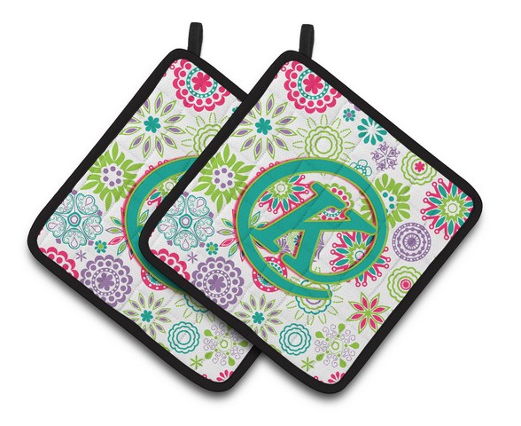 CJ2011-KPTHD Letter K Flowers Pink Teal Green Initial Pair of Pot Holders, 7.5 x 3 x 7.5 in.