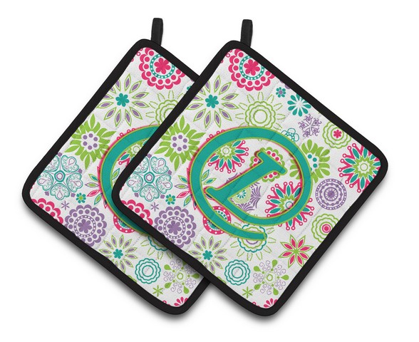 CJ2011-LPTHD Letter L Flowers Pink Teal Green Initial Pair of Pot Holders, 7.5 x 3 x 7.5 in.
