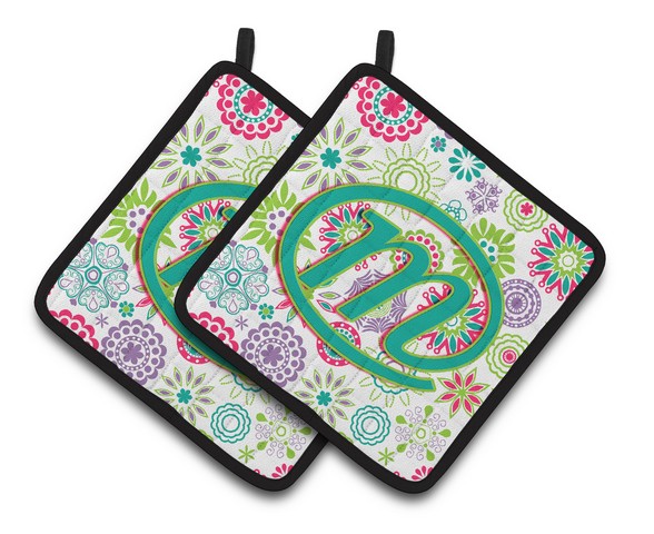 CJ2011-MPTHD Letter M Flowers Pink Teal Green Initial Pair of Pot Holders, 7.5 x 3 x 7.5 in.