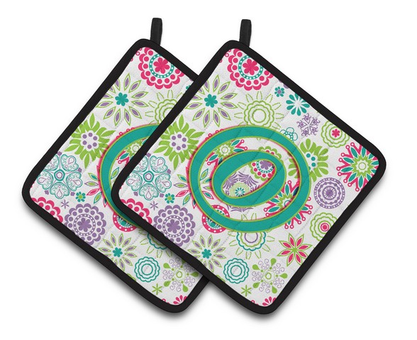 CJ2011-OPTHD Letter O Flowers Pink Teal Green Initial Pair of Pot Holders, 7.5 x 3 x 7.5 in.