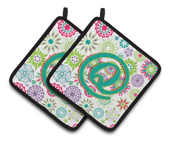 CJ2011-QPTHD Letter Q Flowers Pink Teal Green Initial Pair of Pot Holders, 7.5 x 3 x 7.5 in.