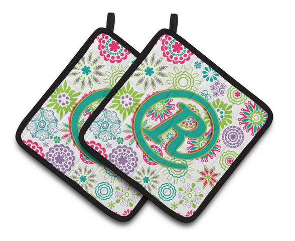 CJ2011-RPTHD Letter R Flowers Pink Teal Green Initial Pair of Pot Holders, 7.5 x 3 x 7.5 in.