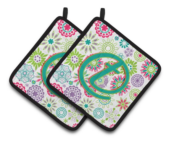 CJ2011-TPTHD Letter T Flowers Pink Teal Green Initial Pair of Pot Holders, 7.5 x 3 x 7.5 in.
