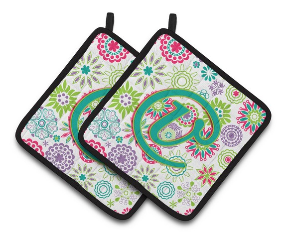 CJ2011-VPTHD Letter V Flowers Pink Teal Green Initial Pair of Pot Holders, 7.5 x 3 x 7.5 in.