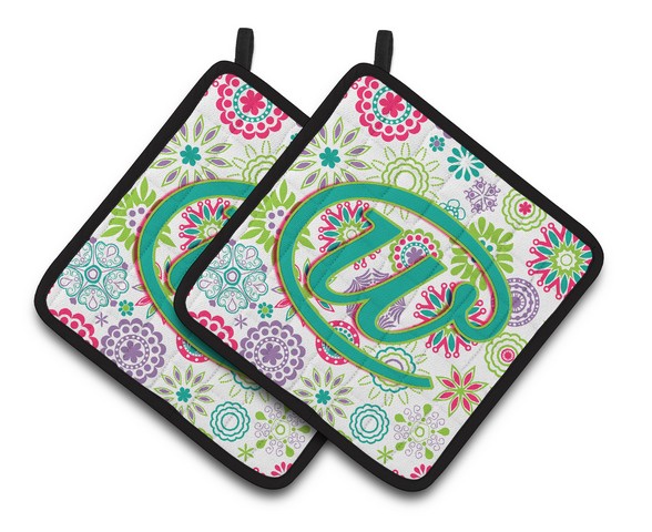 CJ2011-WPTHD Letter W Flowers Pink Teal Green Initial Pair of Pot Holders, 7.5 x 3 x 7.5 in.