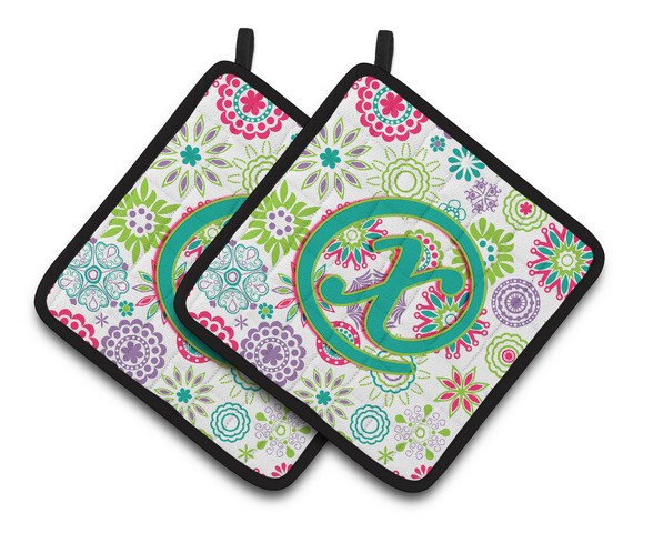 CJ2011-XPTHD Letter X Flowers Pink Teal Green Initial Pair of Pot Holders, 7.5 x 3 x 7.5 in.