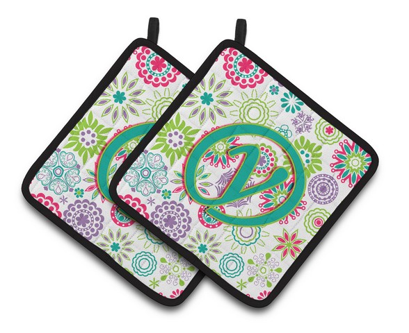 CJ2011-YPTHD Letter Y Flowers Pink Teal Green Initial Pair of Pot Holders, 7.5 x 3 x 7.5 in.