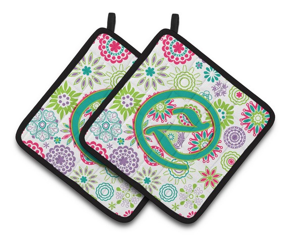 CJ2011-ZPTHD Letter Z Flowers Pink Teal Green Initial Pair of Pot Holders, 7.5 x 3 x 7.5 in.