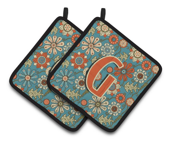 Letter G Flowers Retro Blue Pair of Pot Holders