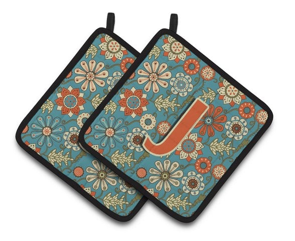 Letter J Flowers Retro Blue Pair of Pot Holders