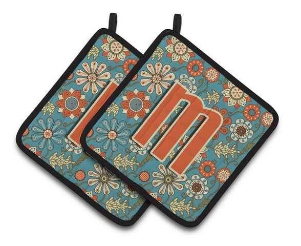 CJ2012-MPTHD Letter M Flowers Retro Blue Pair of Pot Holders, 7.5 x 3 x 7.5 in.