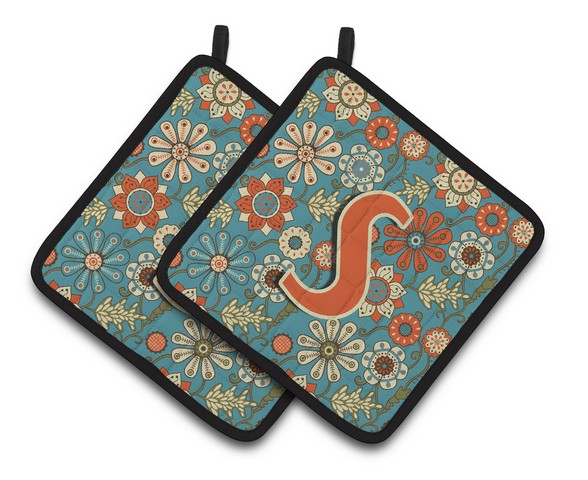 Letter S Flowers Retro Blue Pair of Pot Holders