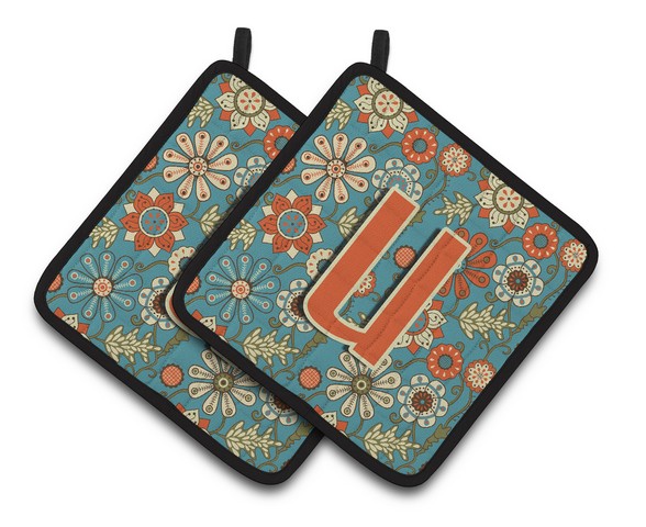 Letter U Flowers Retro Blue Pair of Pot Holders 7.5 x 3 x 7.5 in.
