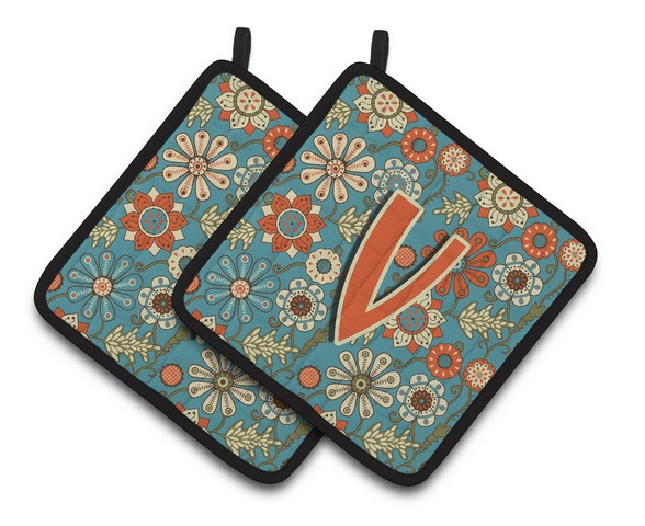 Letter V Flowers Retro Blue Pair of Pot Holders