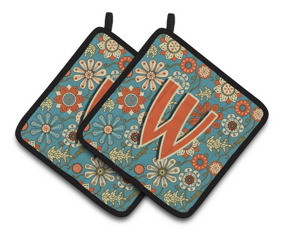 CJ2012-WPTHD Letter W Flowers Retro Blue Pair of Pot Holders, 7.5 x 3 x 7.5 in.