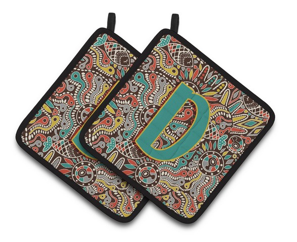 CJ2013-DPTHD Letter D Retro Tribal Alphabet Initial Pair of Pot Holders, 7.5 x 3 x 7.5 in.