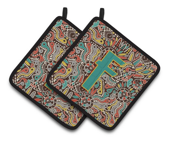 Letter F Retro Tribal Alphabet Initial Pair of Pot Holders