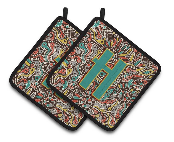 Letter H Retro Tribal Alphabet Initial Pair of Pot Holders