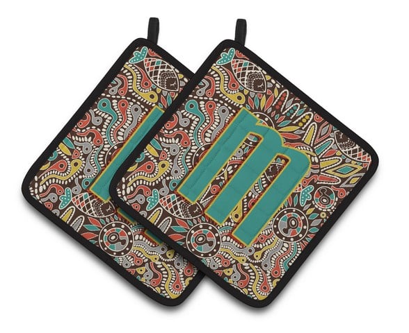 Letter M Retro Tribal Alphabet Initial Pair of Pot Holders