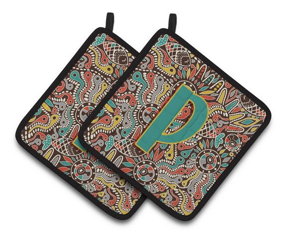Letter P Retro Tribal Alphabet Initial Pair of Pot Holders