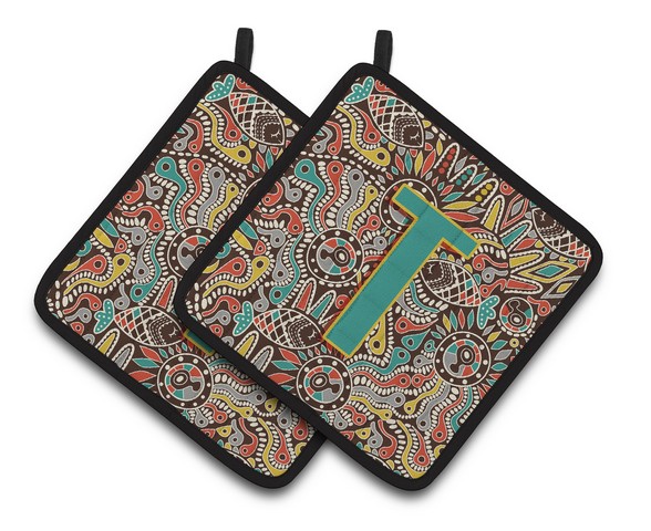 Letter T Retro Tribal Alphabet Initial Pair of Pot Holders