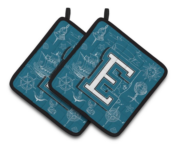 CJ2014-EPTHD Letter E Sea Doodles Initial Alphabet Pair of Pot Holders, 7.5 x 3 x 7.5 in.