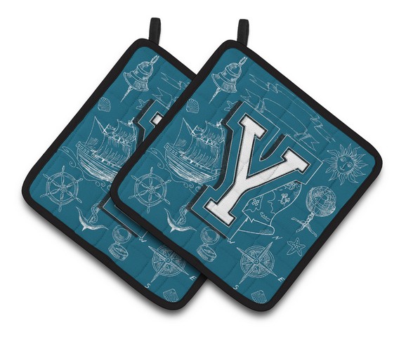 Letter Y Sea Doodles Initial Alphabet Pair of Pot Holders