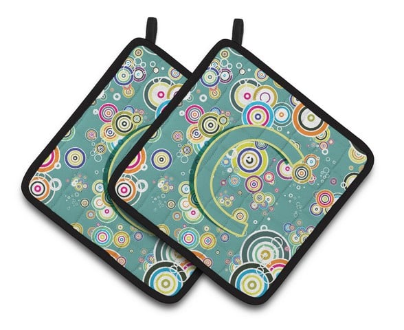 Letter C Circle Circle Teal Initial Alphabet Pair of Pot Holders