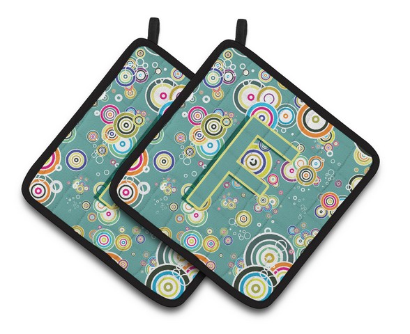Letter F Circle Circle Teal Initial Alphabet Pair of Pot Holders
