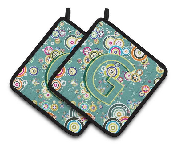 Letter G Circle Circle Teal Initial Alphabet Pair of Pot Holders