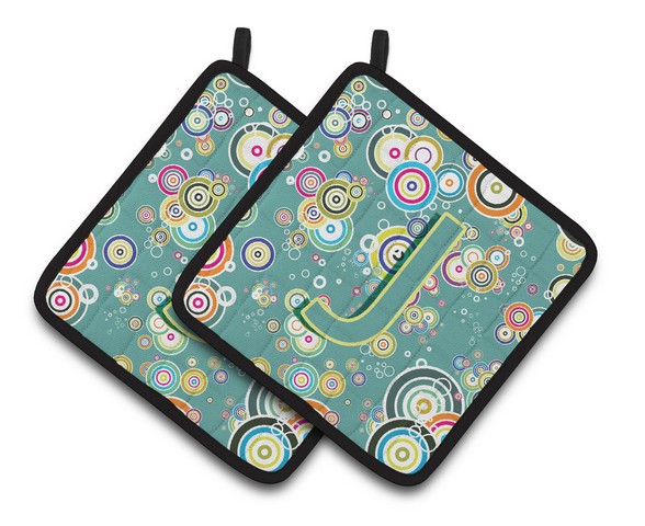 Letter J Circle Circle Teal Initial Alphabet Pair of Pot Holders