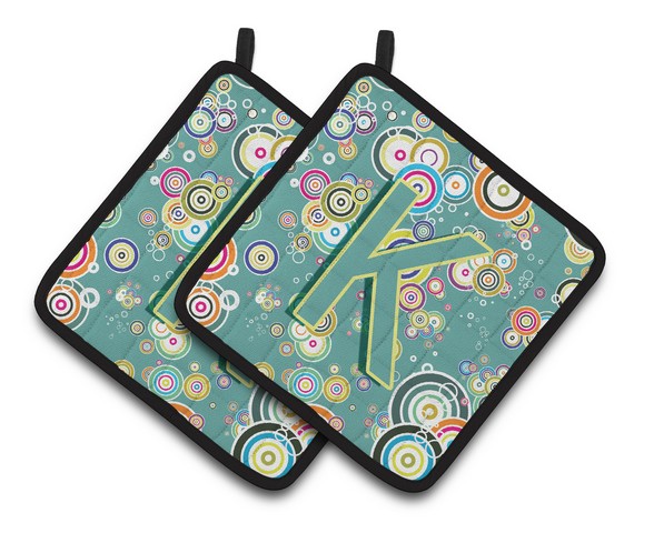 Letter K Circle Circle Teal Initial Alphabet Pair of Pot Holders