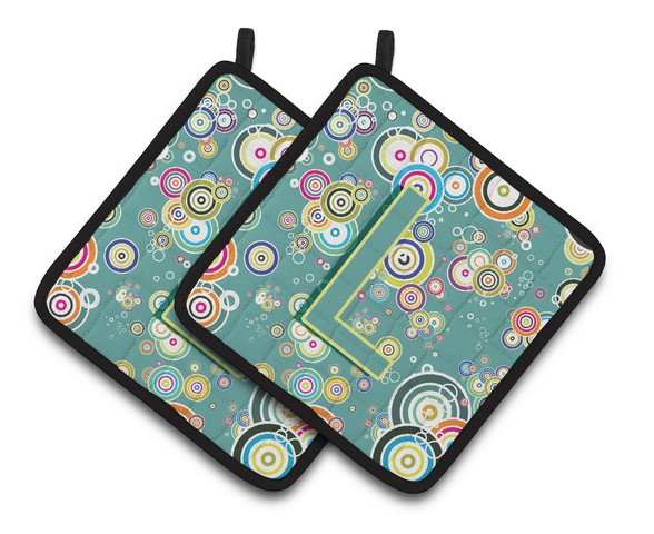 Letter L Circle Circle Teal Initial Alphabet Pair of Pot Holders