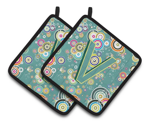 Letter V Circle Circle Teal Initial Alphabet Pair of Pot Holders