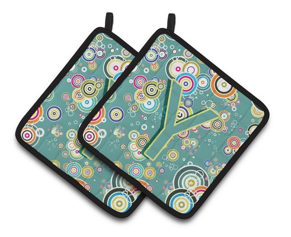 Letter Y Circle Circle Teal Initial Alphabet Pair of Pot Holders