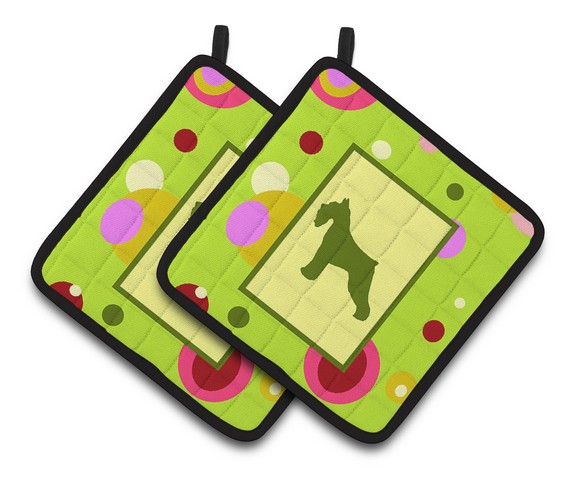 Lime Green Dots Schnauzer Pair of Pot Holders