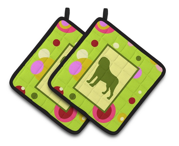 Lime Green Dots Saint Bernard Pair of Pot Holders