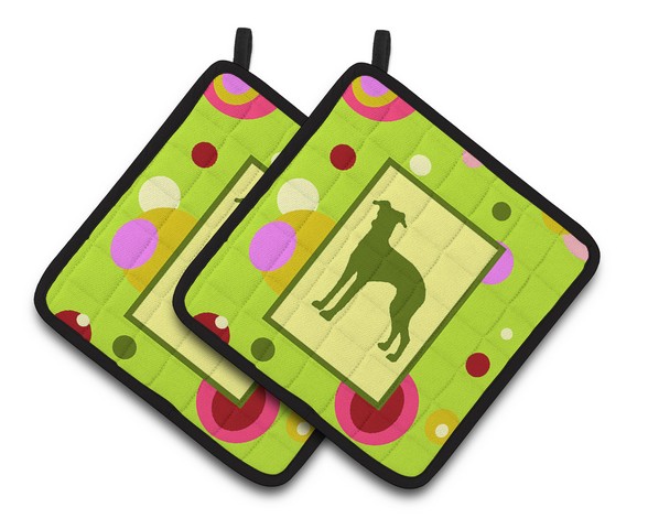 Lime Green Dots Italian Greyhound Pair of Pot Holders