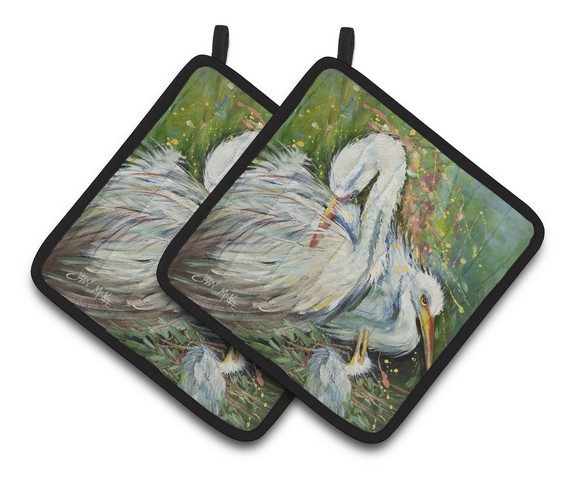 White Egret in the rain Pair of Pot Holders, 7.5 x 3 x 7.5 in.
