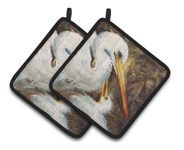 White Egret Feeding Baby Pair of Pot Holders 7.5 x 3 x 7.5 in.