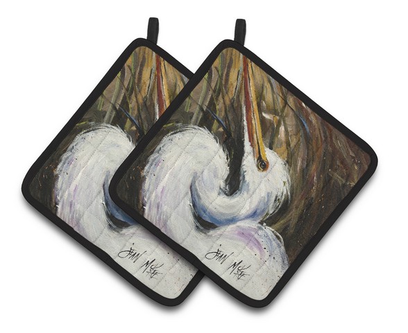 White Egret Pair of Pot Holders