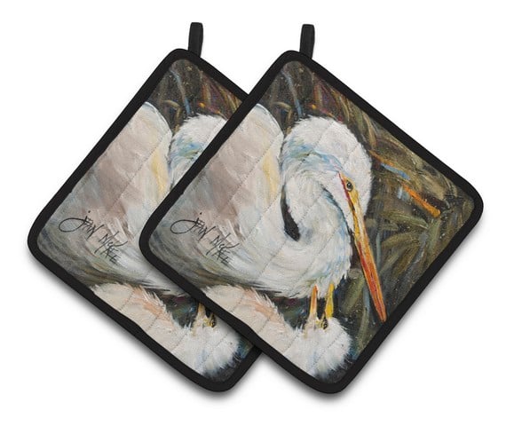 White Egret Pair of Pot Holders - 7.5 x 3 x 7.5 in.