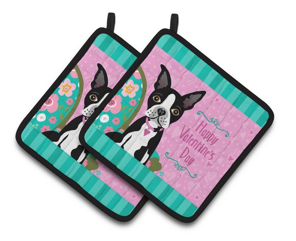 Picture of Carolines Treasures VHA3001PTHD Happy Valentines Day Boston Terrier Pair of Pot Holders, 7.5 x 3 x 7.5 in.