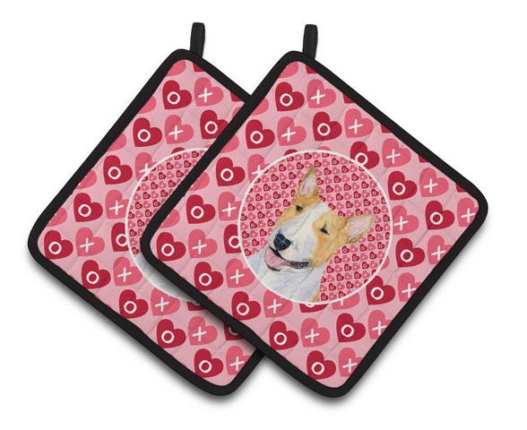 Picture of Carolines Treasures SS4496PTHD Bull Terrier Hearts Love & Valentines Day Portrait Pair of Pot Holders, 7.5 x 3 x 7.5 in.