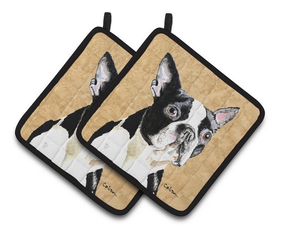 Picture of Carolines Treasures SC9140PTHD Boston Terrier Wipe Your Paws Pair of Pot Holders, 7.5 x 3 x 7.5 in.