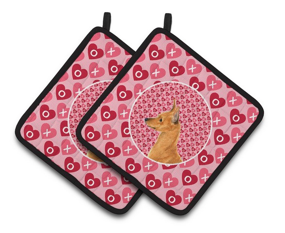 Picture of Carolines Treasures SS4466PTHD Min Pin Hearts Love & Valentines Day Portrait Pair of Pot Holders, 7.5 x 3 x 7.5 in.