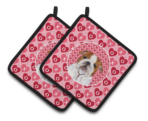 Picture of Carolines Treasures SS4484PTHD Bulldog English Hearts Love Valentines Day Pair of Pot Holders, 7.5 x 3 x 7.5 in.